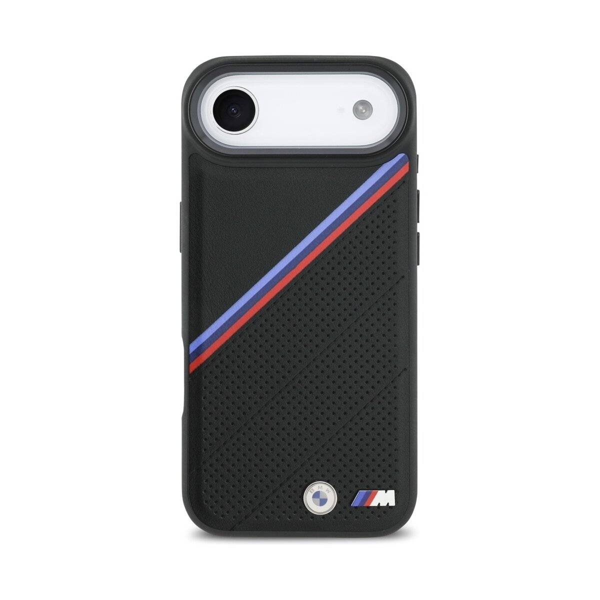 iPhone mit einem schützenden schwarzen Etui mit diagonalen blauen und roten Streifen und einem kleinen „M