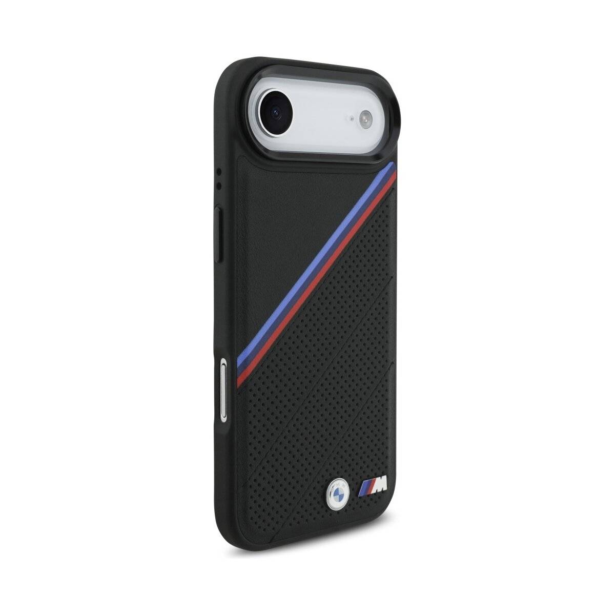 Schwarze Handyhülle mit roten und blauen diagonalen Streifen und einem Logo unten.