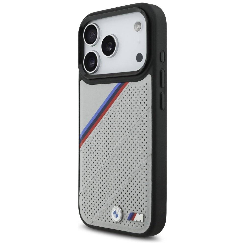 BMW M Tricolor Metal Logo MagSafe Case iPhone 17 Pro – Grau