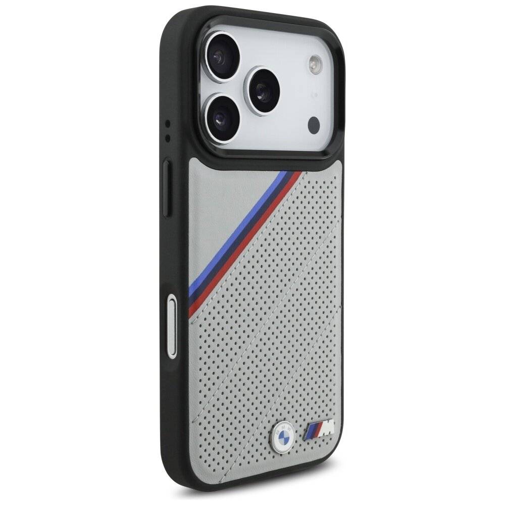 BMW M Tricolor Metal Logo MagSafe Case iPhone 17 Pro – Grau