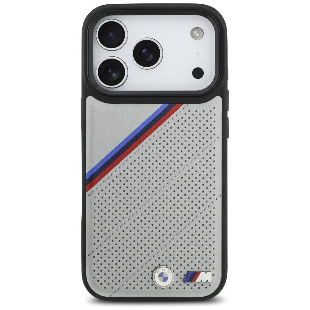 BMW M Tricolor Metal Logo MagSafe Case iPhone 17 Pro – Grau