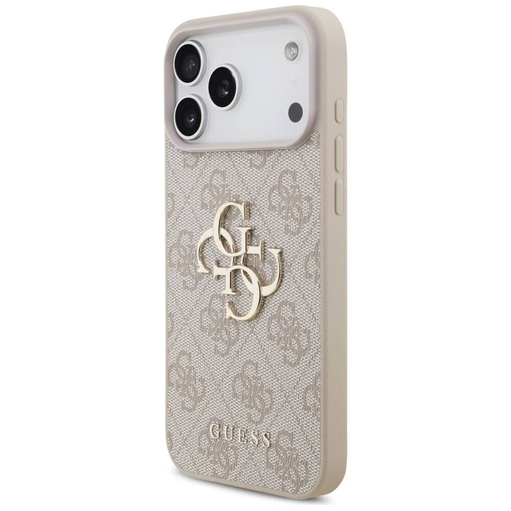 Ein beige und weißes Smartphone-Gehäuse mit drei Kameraaußenschnitten auf der Rückseite, geprägt mit dem Wort „GUESS