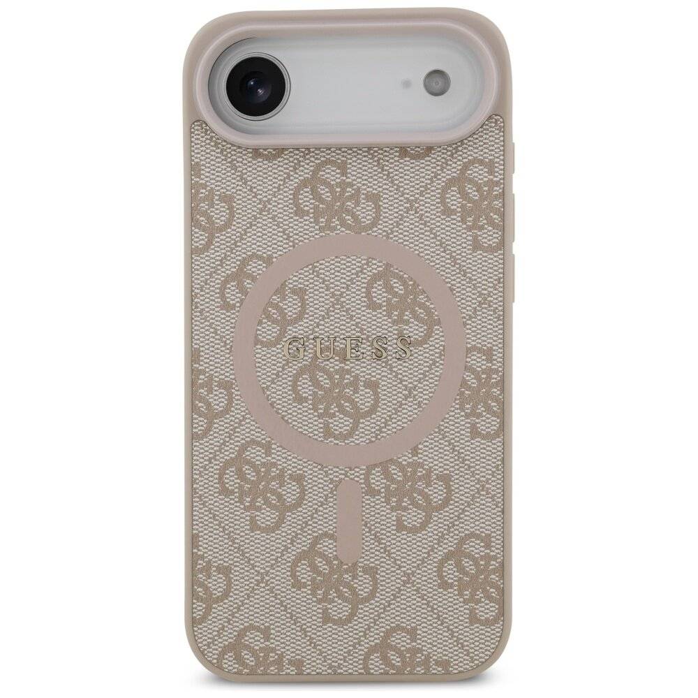 Verpackung für ein GUESS Handycover mit MagSafe, das ein motivierendes Zitat zeigt: „Hör nie auf zu träumen!!