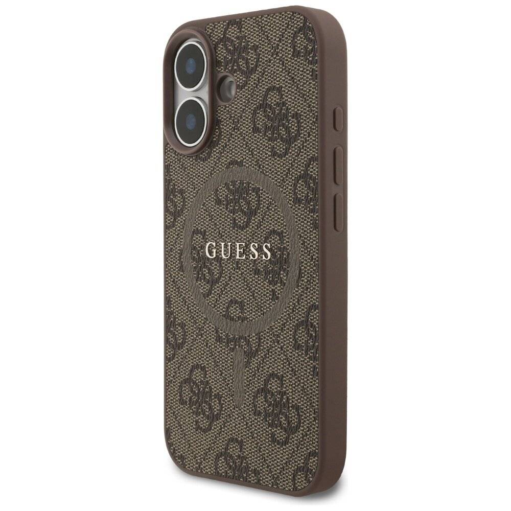 Ein braunes iPhone-Etui mit strukturiertem Muster und dem Wort „GUESS