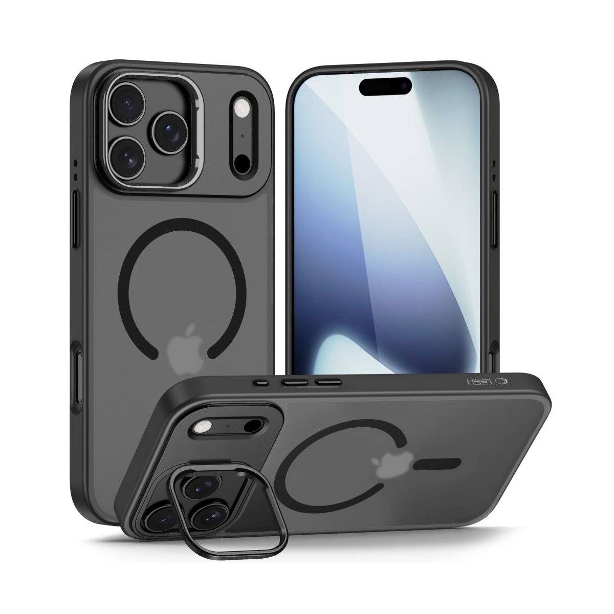 Zwei schwarze Smartphone-Schutzhüllen mit Kameraausschnitten, eine aufrecht und eine liegend, beide mit einem kreisförmigen Design in der Mitte.