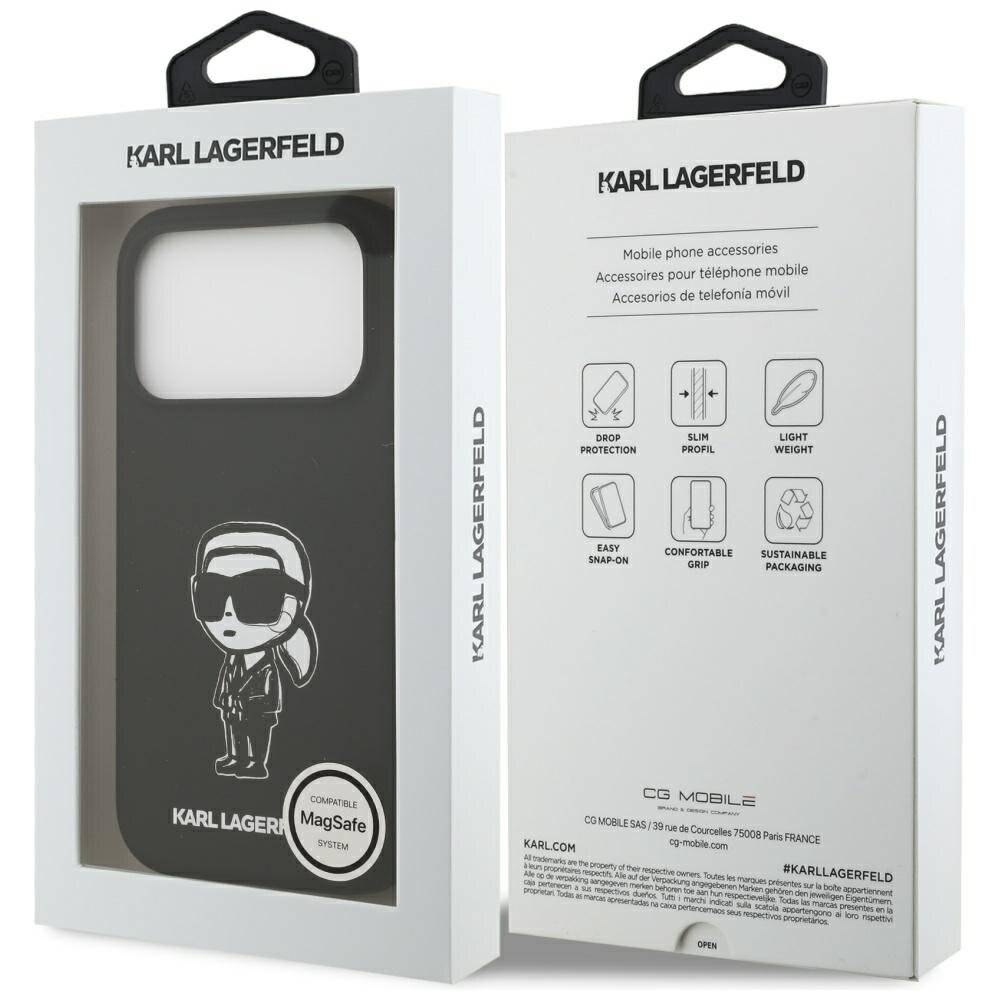 Handyhülle mit Karl Lagerfeld Design, MagSafe-kompatibel. Enthält Produktdetails und Branding auf der Rückseite.