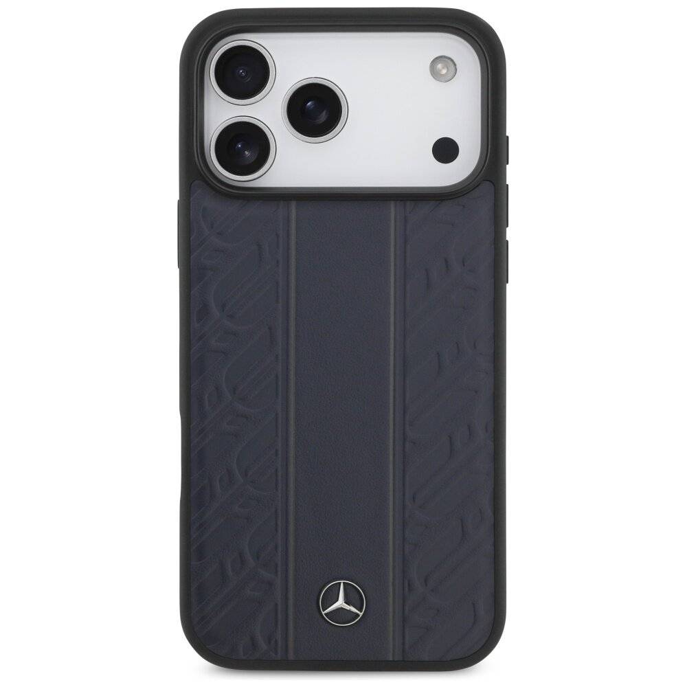 Ein Smartphone in einer dunklen, strukturierten Schutzhülle mit dem Mercedes-Benz-Logo in Silber unten, das ein elegantes und hochwertiges Design hervorhebt.