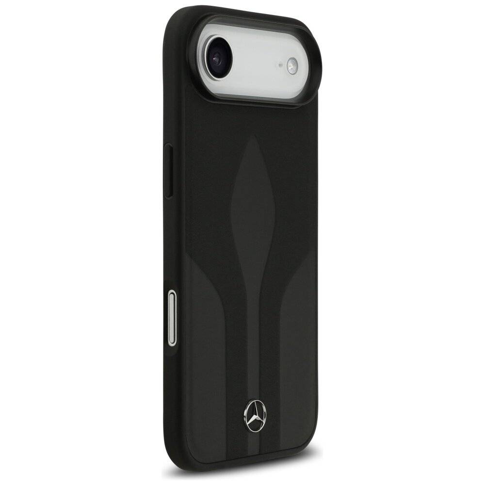 Eine schwarze Smartphone-Hülle mit Mercedes-Benz-Logo in der unteren Mittelmitte, entworfen für ein iPhone XR, die einen eleganten, minimalistischen Stil zur Schau stellt.