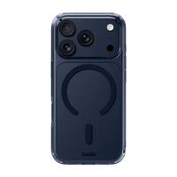 Ein dunkelblues Smartphone mit drei rückseitigen Kameras und einer kreisförmigen magnetischen Ladefunktion auf der Rückseite.