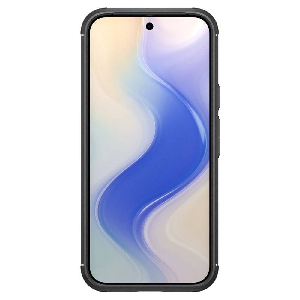 Ein Smartphone mit einem fließenden, abstrakten blau-beigen Hintergrundbild, das auf dem Bildschirm angezeigt wird, frontal vor einem weißen Hintergrund gezeigt.