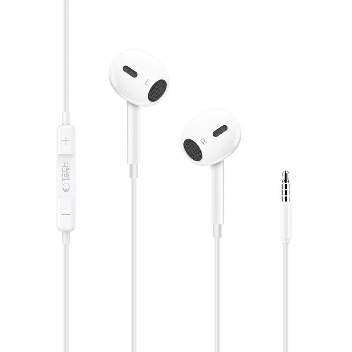Weiße Ohrstöpsel mit einer Fernbedienung in der Leitung, mit Mikrofon und Lautstärketasten sowie einem 3,5-mm-Audiobuchsen-Stecker.
