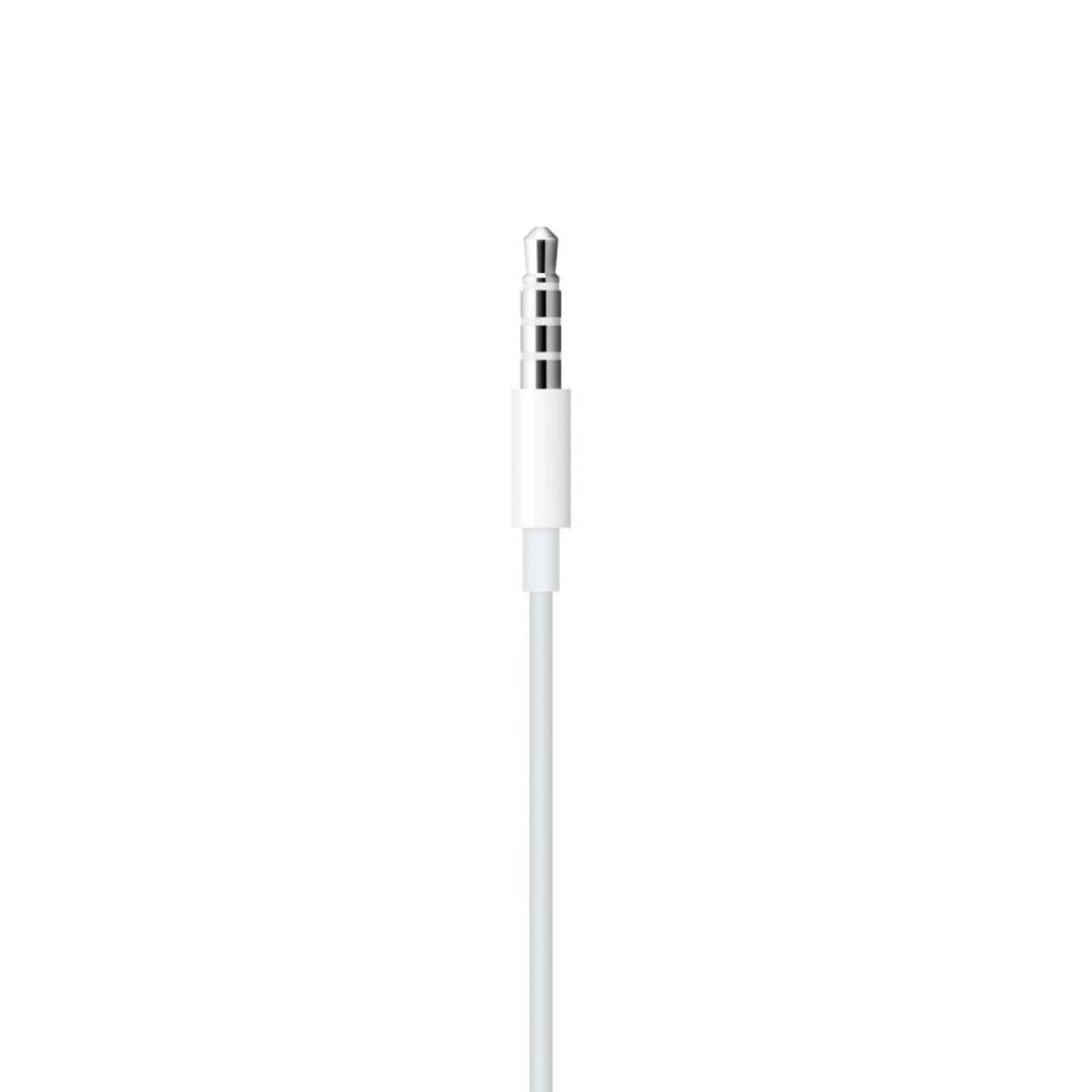 Ein weißer Kopfhörerstecker isoliert auf einfachem Hintergrund, zeigt den Metallstecker und das Kabel.