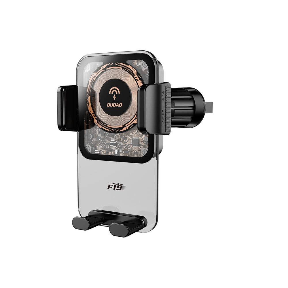 Autotelefonhalter mit schwarzen Seitengriffen und einem kreisförmigen kupferfarbenen Bauteil in der Mitte, das ein Schaltmuster-Design aufweist.