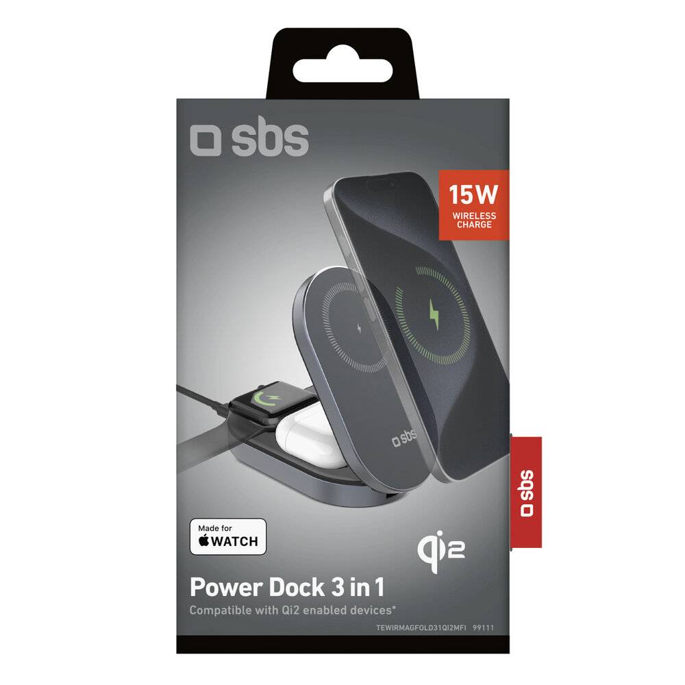 SBS 3-in-1 Faltbare kabellose Ladestation QI2 MFI – Made for iPhone – Schwarz