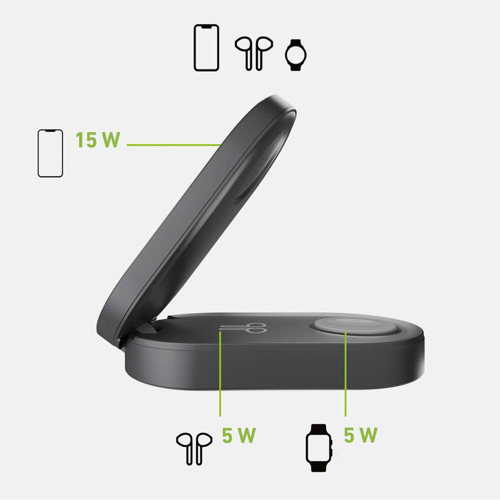 SBS 3-in-1 Faltbare kabellose Ladestation QI2 MFI – Made for iPhone – Schwarz