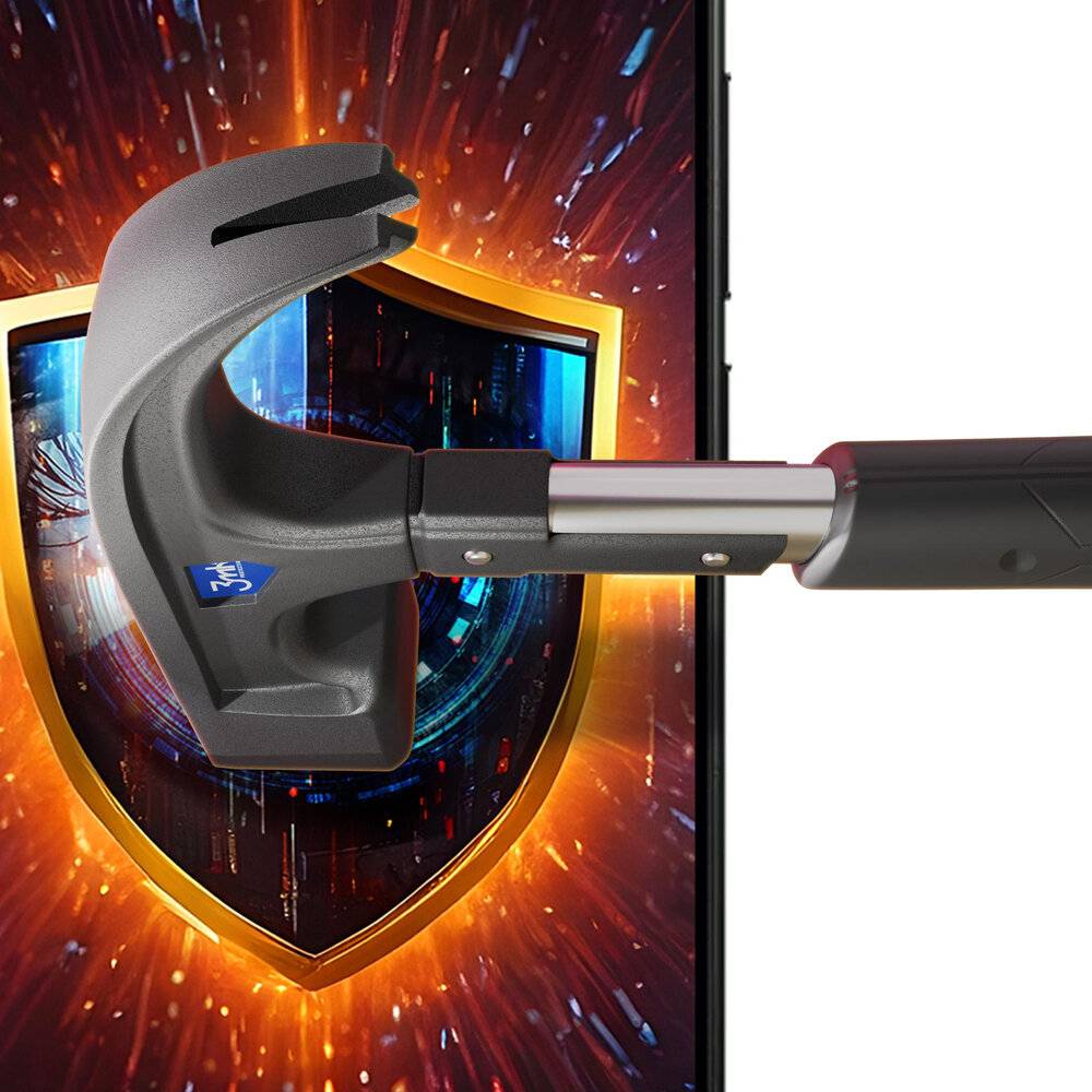 Ein Schild auf einem Smartphone-Bildschirm wird von einem Metalwerkzeug getroffen, was den Schutz vor digitalen Bedrohungen und Sicherheitsverletzungen symbolisiert.