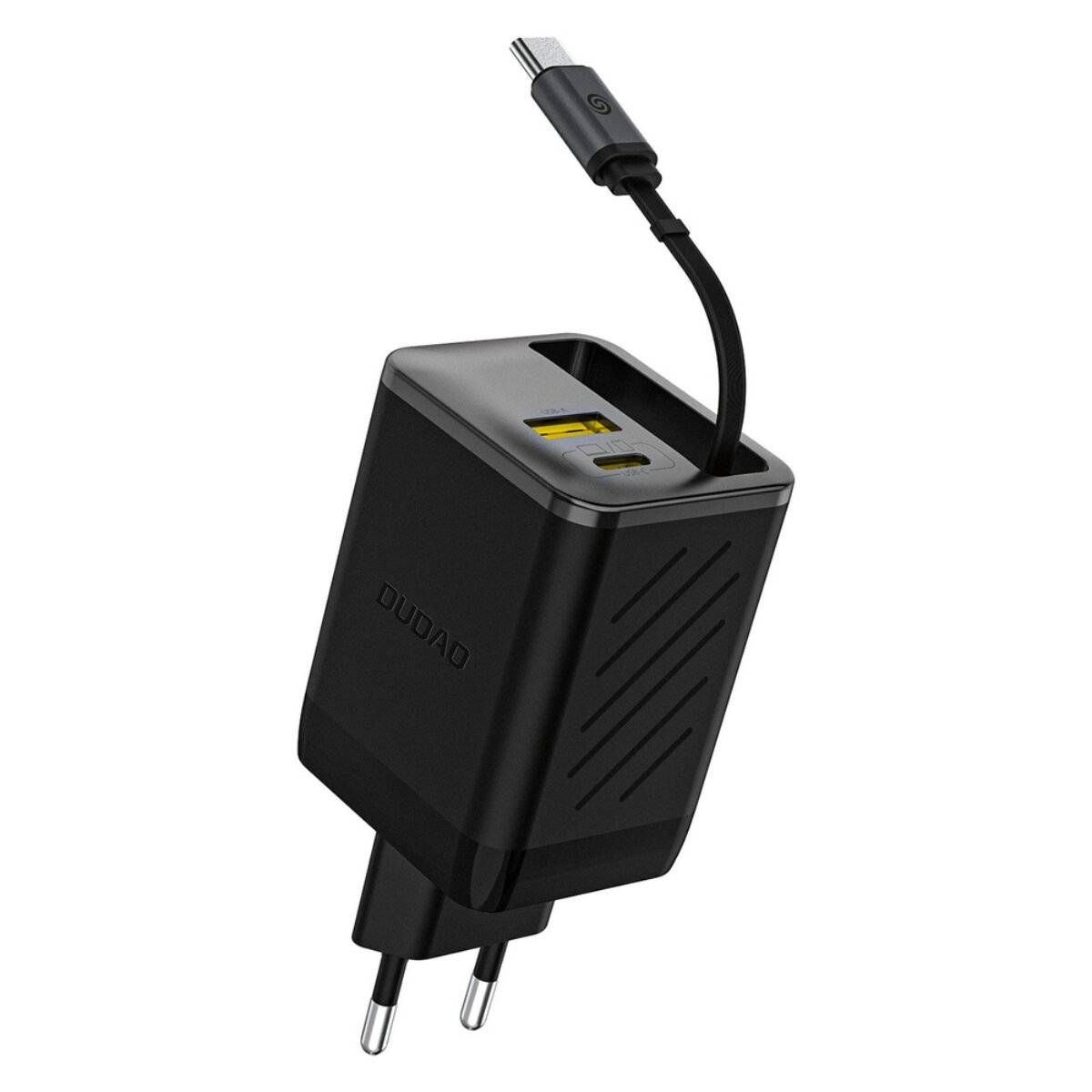 Ein schwarzes Dual-Port-Ladegerät mit abnehmbarem USB-C-Kabel und europäischem Stecker.