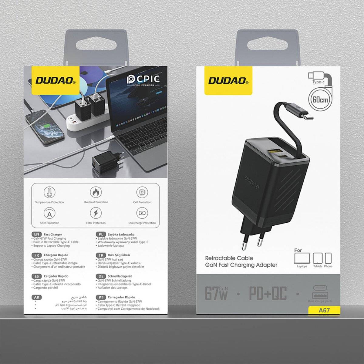 Verpackung des DUDAO GaN-Schnellladegeräts: enthält Produktbild, Hauptmerkmale und Spezifikationen für ein 60-cm-Kabel und 67-W-Ausgangsleistung.