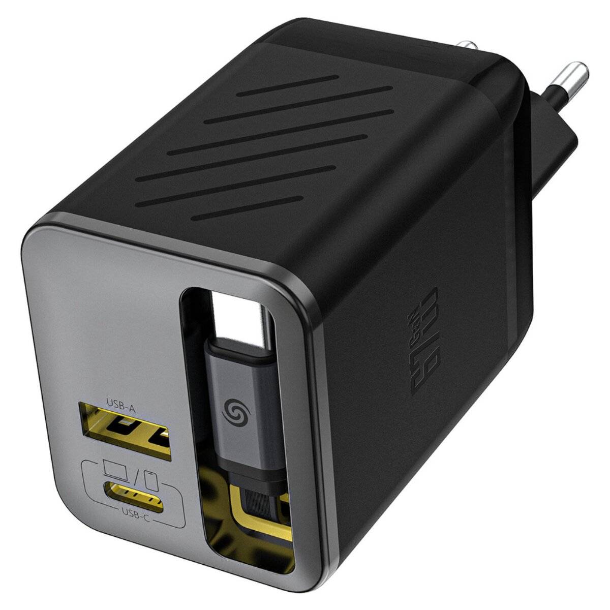 Ein schwarzes Dual-Port-USB-Wandladegerät mit einem USB-A- und einem USB-C-Anschluss, das ein kompaktes Design und einen europäischen Stecker bietet.