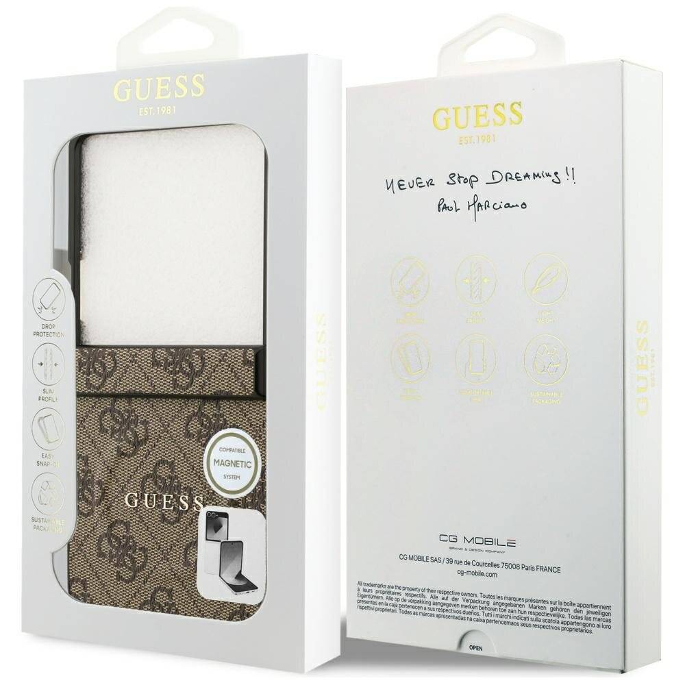Handyhülleverpackung mit Guess-Logo, mit braunem Muster und Magnetverschluss-Symbol. Enthält den Text 