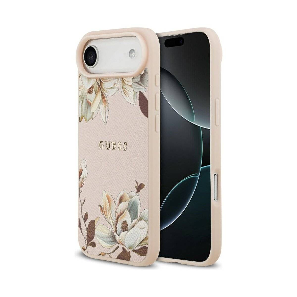 Guess Grained Flowers Classic Logo Handyhülle mit Magnetring kompatibel mit iPhone Air rosa