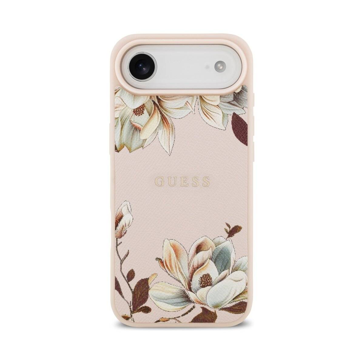 Guess Grained Flowers Classic Logo Handyhülle mit Magnetring kompatibel mit iPhone Air rosa