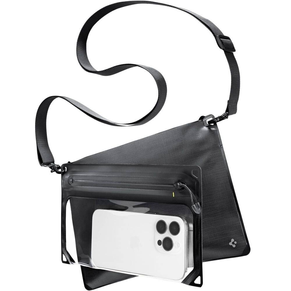 Eine elegante schwarze Schultertasche mit einer transparenten Fronttasche, in der ein Smartphone zu sehen ist, konzipiert für einfache Zugänglichkeit und Sichtbarkeit.