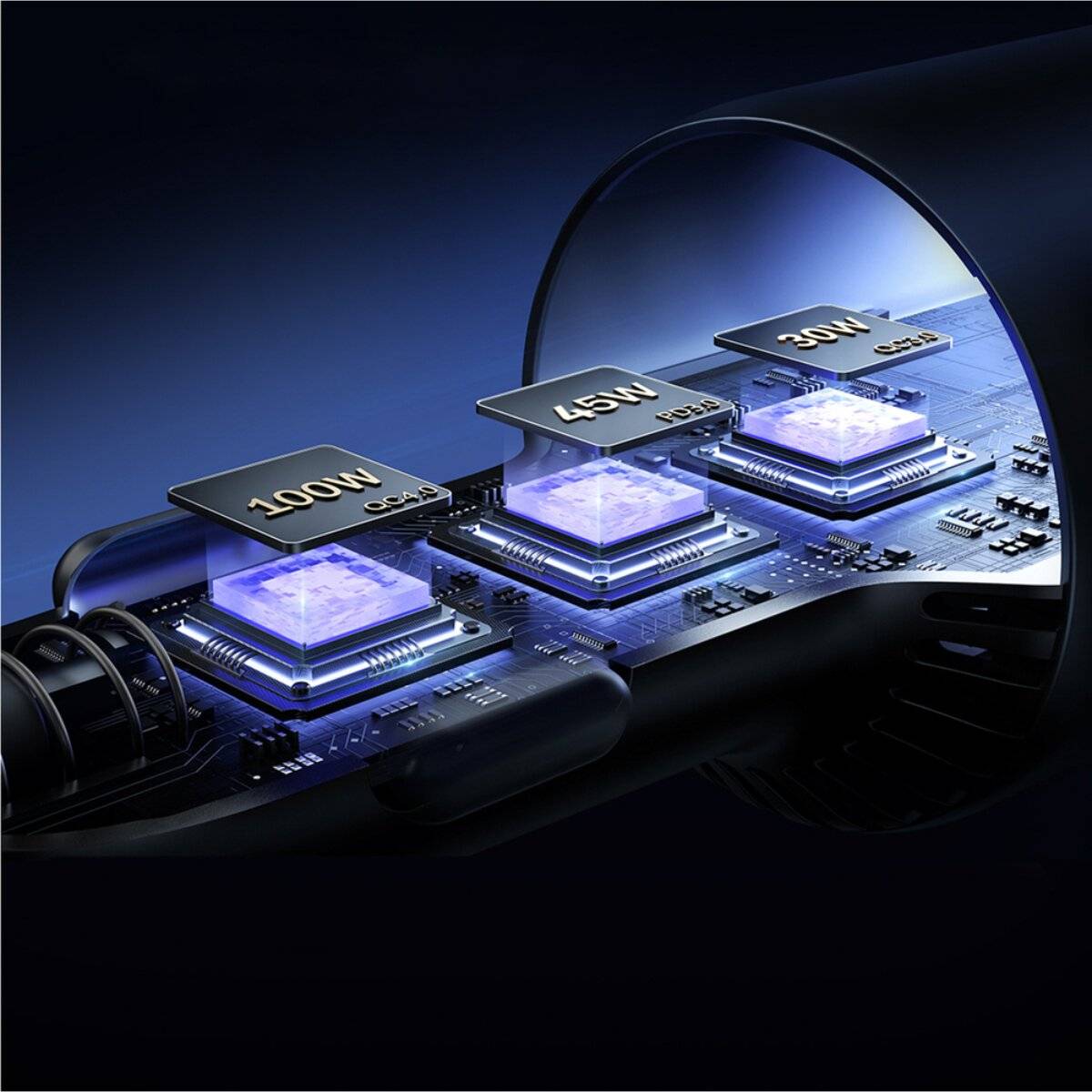 Ein futuristisches elektronisches Gerät mit drei leuchtenden Mikrochips, die mit „100W