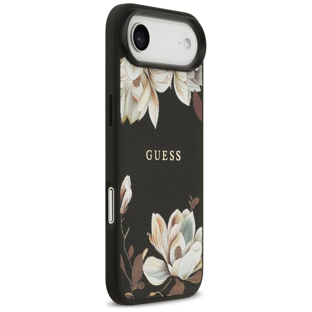 Ein Handyhülle mit floralem Muster, das Magnolientblüten zeigt und den in Weiß geprägten Markennamen „GUESS