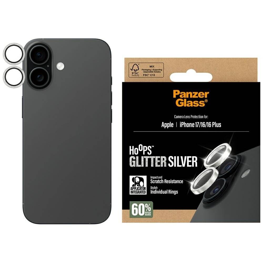 Schutzglass Hoops Glitter Displayschutzfolie gehärtetem Glas iPhone 17 / 16 Plus – Silber