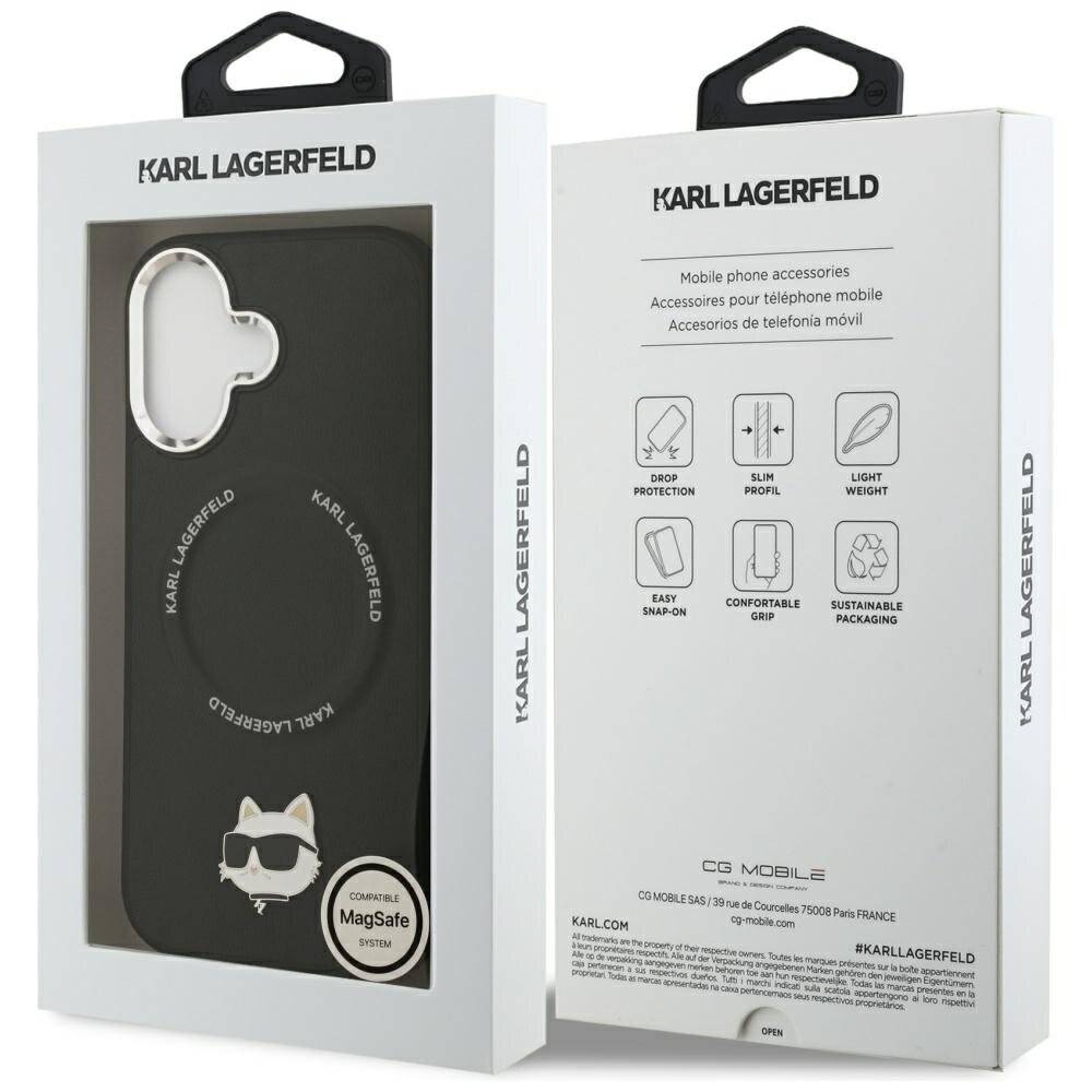 Produktverpackung für Karl Lagerfeld Markenhandyhülle mit Cartoon-Katze. Highlights umfassen Kompatibilität, leichtes Design und schlankes Profil.