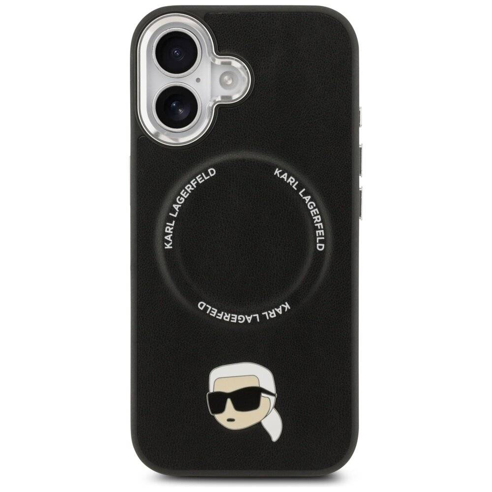 Ein schwarzes Handyhülle mit einer Cartoon-Figur mit Sonnenbrille unten und 'Karl Lagerfeld'-Text, der die Kameraaussparung umkreist.