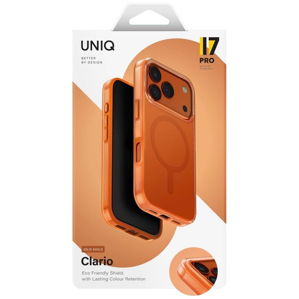 Verpackung für UNIQ Clario iPhone 14 Pro Hülle in Orange, gekennzeichnet als umweltfreundlich und farbbeständig, mit MagSafe-kompatiblem Design.