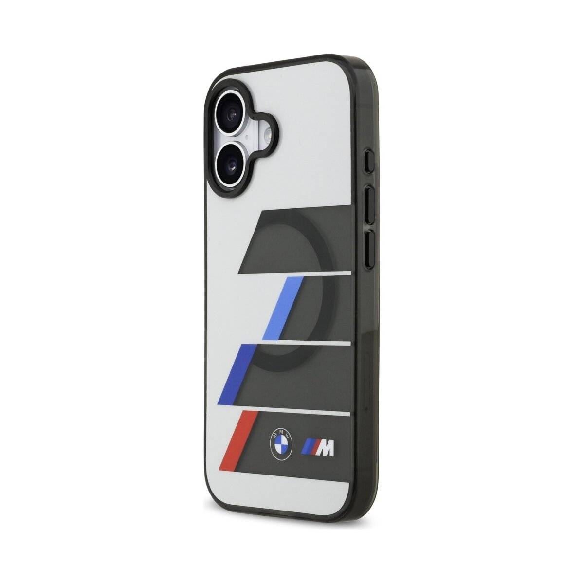 Eine Handyhülle mit BMW M-Logoentwurf mit einem modernen, abstrakten Streifenmuster in Grau-, Blau- und Rottönen.