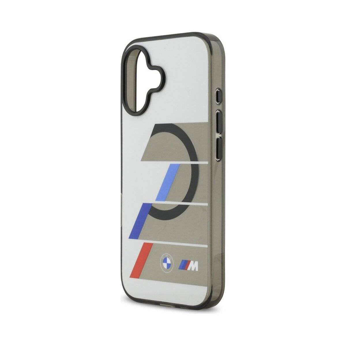 Eine Handyhülle mit einem BMW M-Serie-Logo-Design, das einen Farbverlauf aus blauen, violetten und grauen Streifen aufweist, zusammen mit dem ikonischen „M