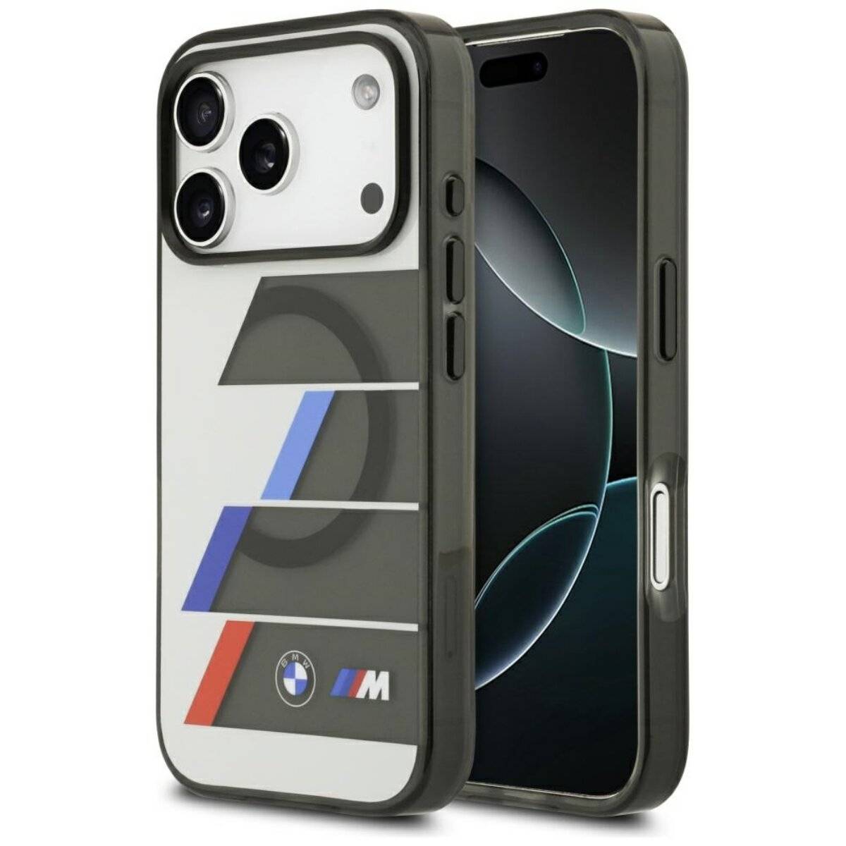 Ein Smartphone mit einer eleganten, schwarz-weißen Schutzhülle, die ein Rennstreifen-Design und das BMW-Logo am unteren Ende aufweist.