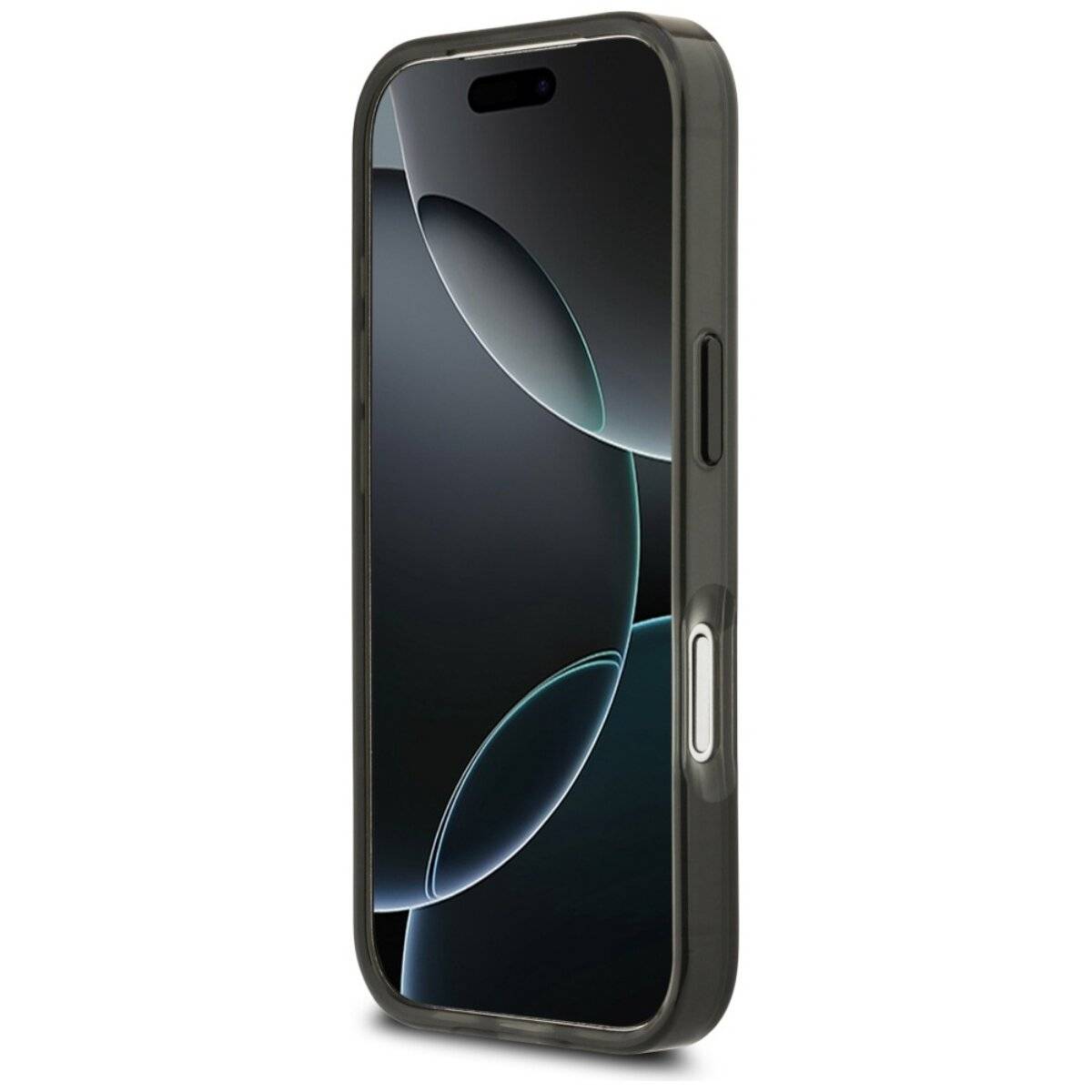 Ein modernes Smartphone mit dunklem, schlankem Design und großem Display, das abstrakte Formen zeigt. Das Telefon hat eine Seitentaste und eine Kameraaussparung.