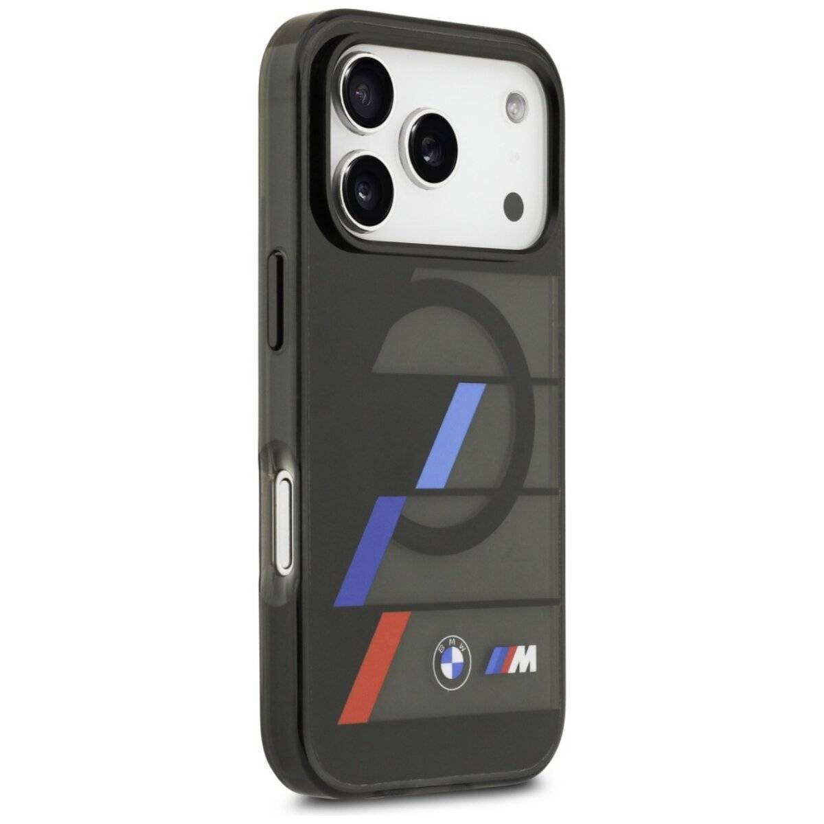 Smartphone-Hülle mit BMW M Logo-Design in Schwarz, Blau und Rot, mit drei Kamera-Ausschnitten.