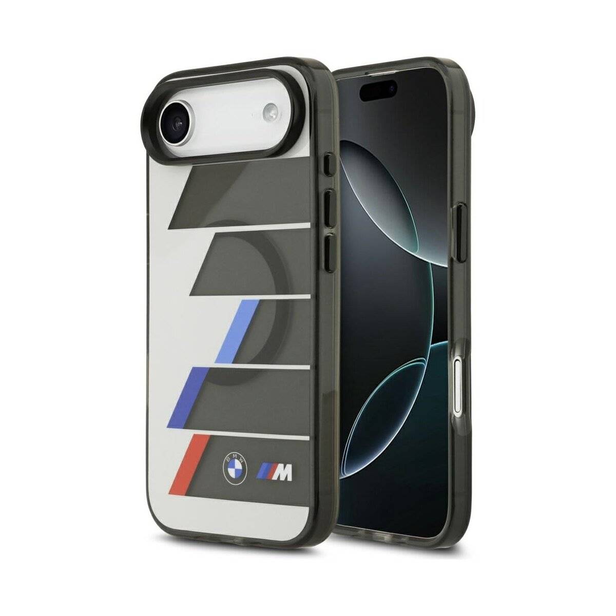 „Drei schwarze Handyhüllen in verschiedenen Winkeln; eine aufrecht stehend mit einem Telefon mit farbenfrohem Bildschirm, die anderen zeigen das Ringdesign und die Kameraaussparung.