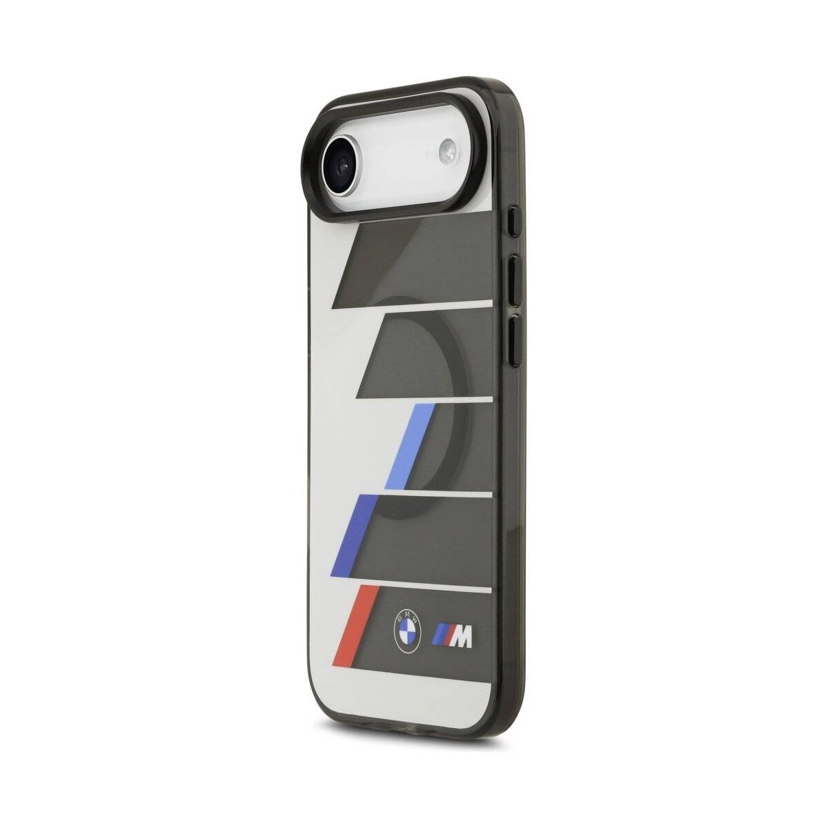 Handyhülle mit schlankem Design, das graue, blaue und rote Streifen und ein BMW-Logo am unteren Ende aufweist, angewinkelt, um Tasten und Kanten zu zeigen.