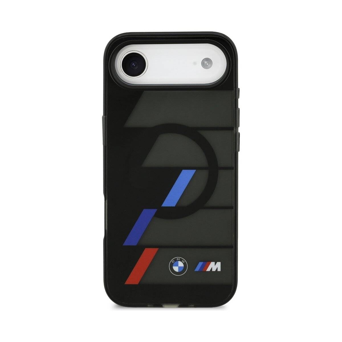 Ein schwarzer Smartphone-Case mit minimalistischem Design zeigt blaue, rote und graue Diagonalstreifen und ein kreisförmiges Emblem.