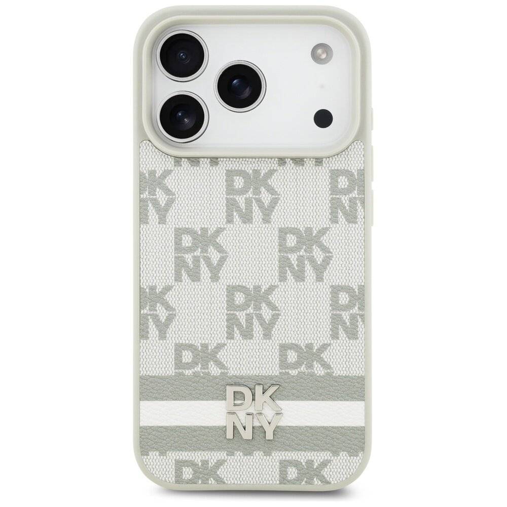 DKNY iPhone 17 Pro Hülle mit Karomuster und Streifen – Beige