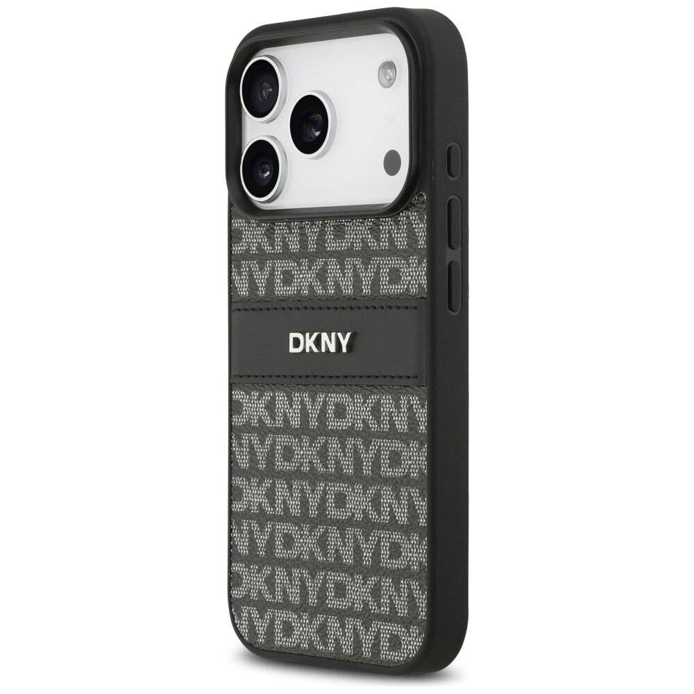 DKNY iPhone 17 Pro Hülle mit sich wiederholendem Texturmuster und Ton-in-Ton-Streifen – Schwarz