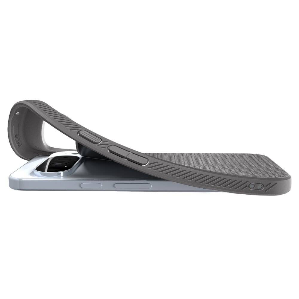 Ein Telefon, das teilweise von einer flexiblen, strukturierten grauen Schutzhülle bedeckt ist, wird angezeigt und hebt das Kameramodul und die Seitentasten des Telefons hervor.