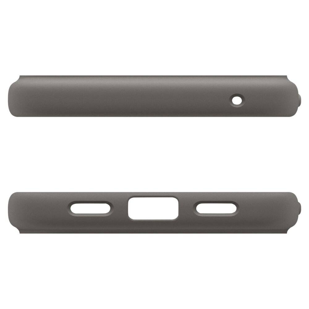 Oberansicht und Unteransicht einer grauen Schutzhülle mit Knopf- und Anschlussausschnitten, entwickelt für ein Gerät.