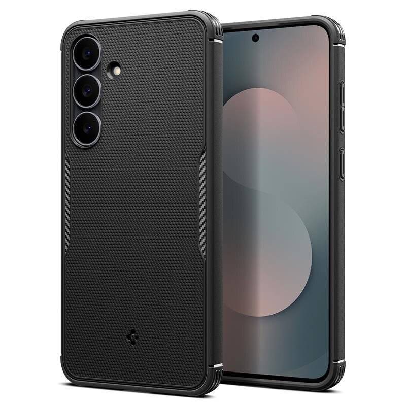 Vorder- und Rückansicht eines Smartphones mit einer strukturierten schwarzen Hülle, drei rückseitigen Kameras auf der Rückseite und einem Bildschirm, der ein subtiles abstraktes Design anzeigt.