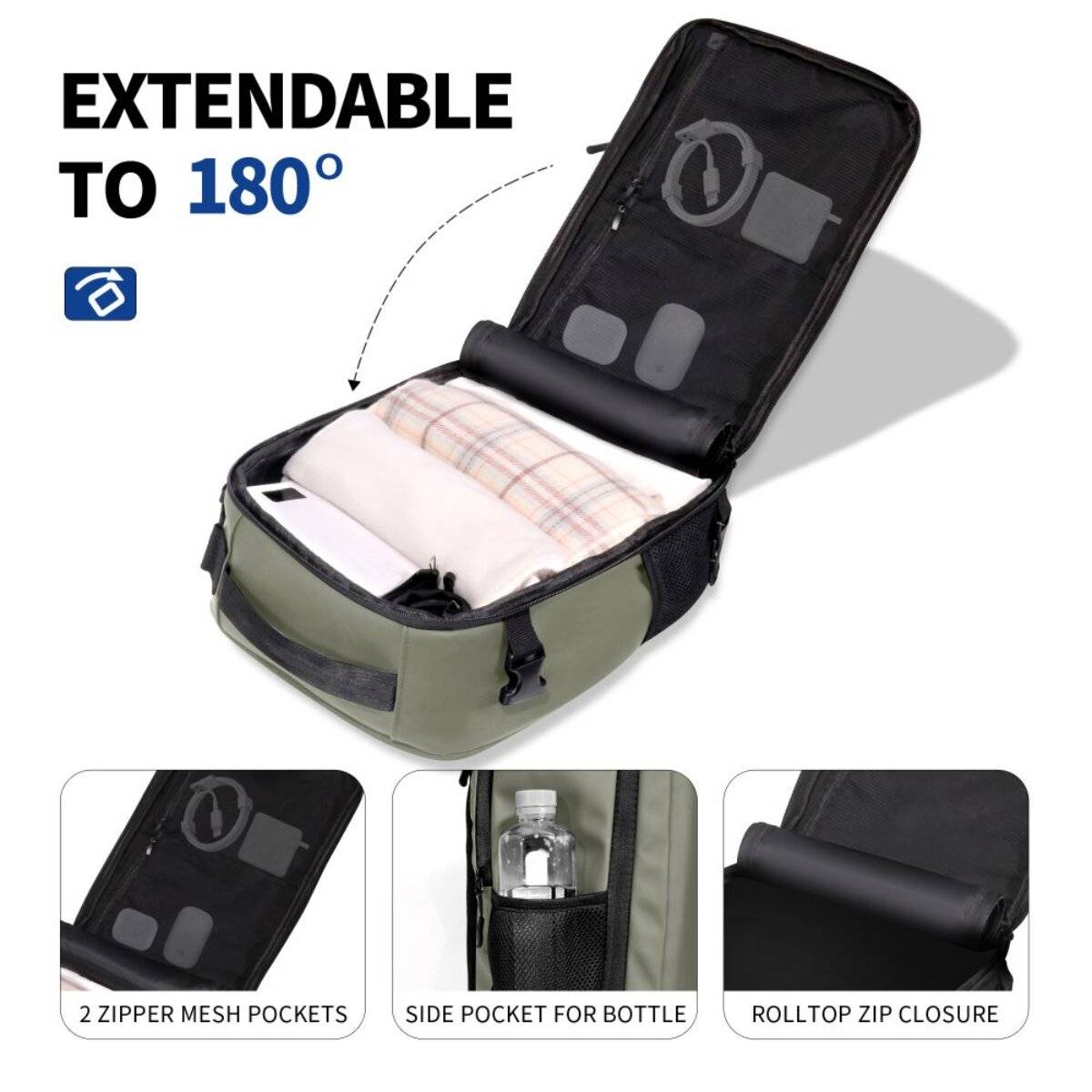 Vorderansicht eines offenen, erweiterbaren Rucksacks mit Netzfächern, einer Flaschenentasche an der Seite und Rolltop-Reißverschluss. Text: Bis 180° erweiterbar.