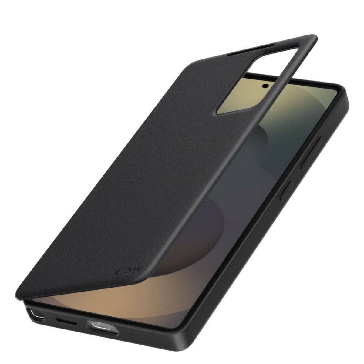 Ein modernes Smartphone, teilweise von einem eleganten, schwarzen Schutzetui bedeckt, das seine seitlichen Tasten und die Kameraaussparung zeigt.