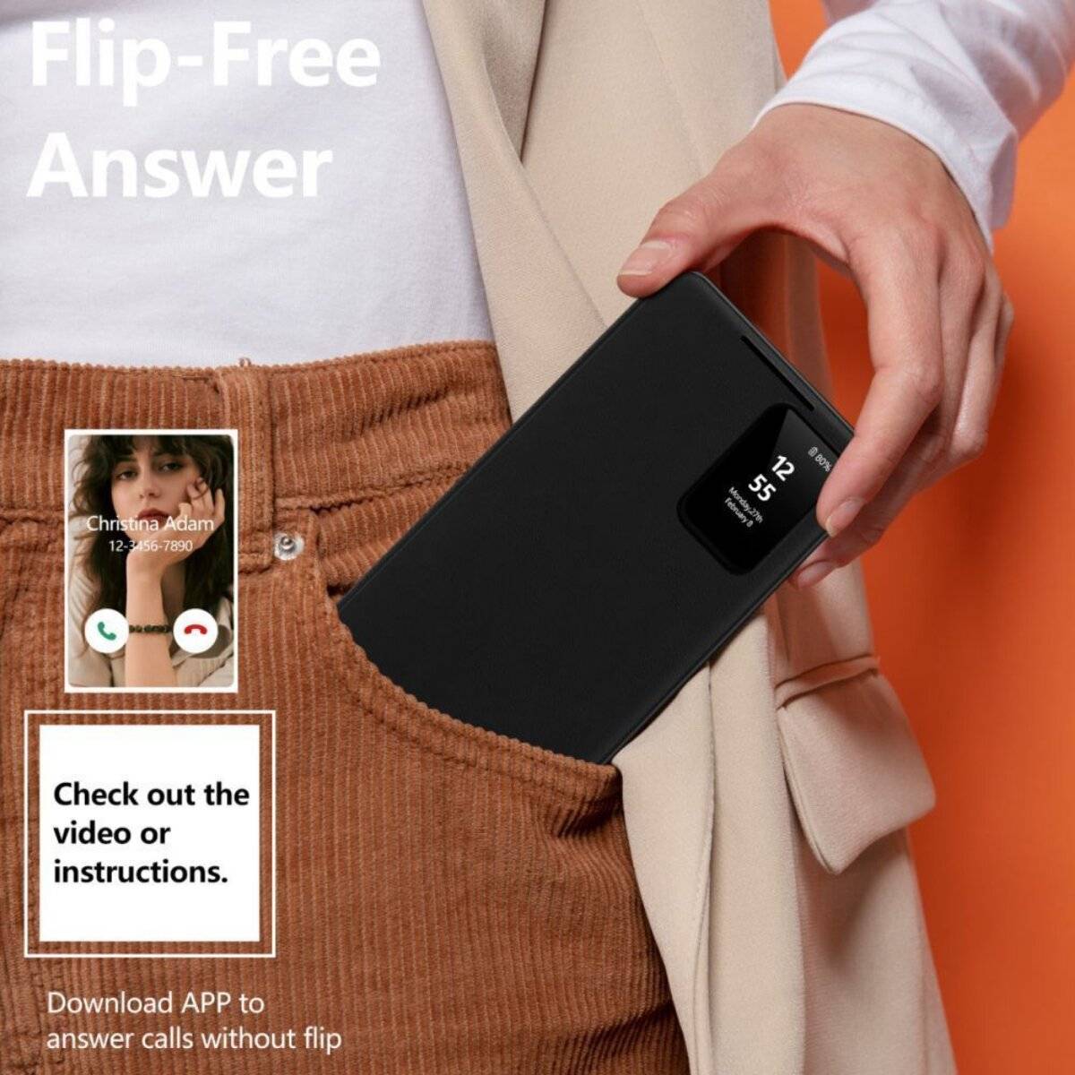 Eine Person befestigt ein Telefon mit einer intelligenten Schutzhülle, die Uhrzeit und Benachrichtigungen anzeigt, an ihrer Tasche. Der Text lautet „Flip-Free Answer