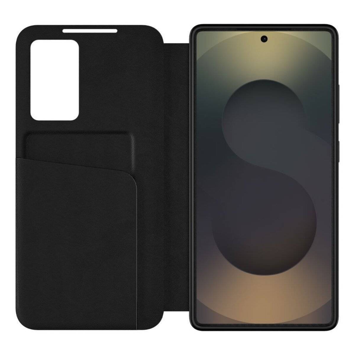 Ein Smartphone mit großem Bildschirm, das ein einfaches abstraktes Design anzeigt, in einer schwarzen Schutzhülle mit einem Kartensteckplatz auf der linken Seite.